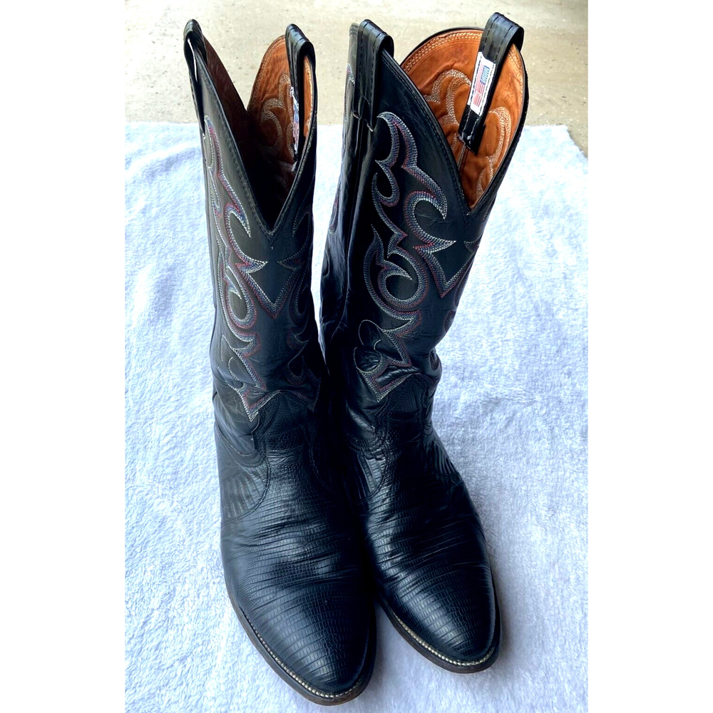 Nocona Black Pointed Toe Embellished Leather Cowboy Western Boots Men Size 9.5 D